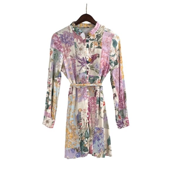 Zara Womens Medium Belted Floral Parrot Linen Dress Cottagecore Patchwork Garden - Picture 1 of 8
